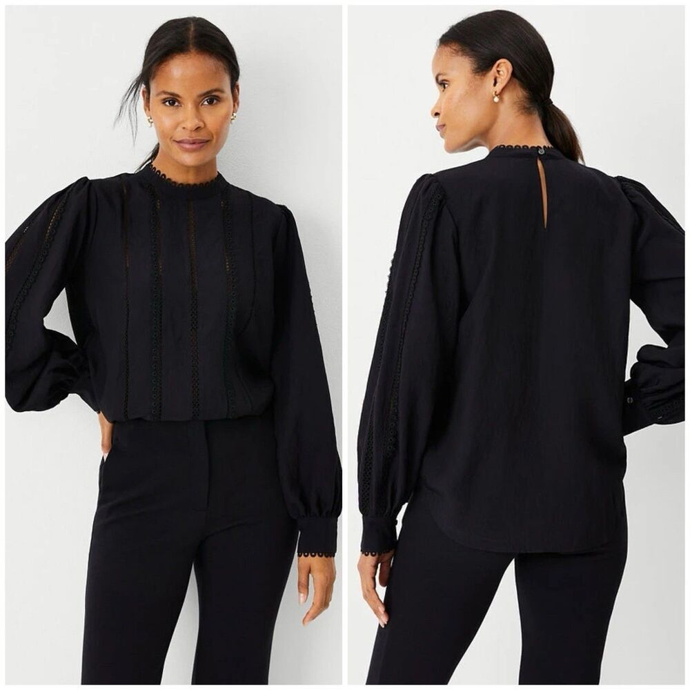 Ann Taylor Black Eyelet Lace Pintucked Blouse Top Long Sleeve Size XS Work